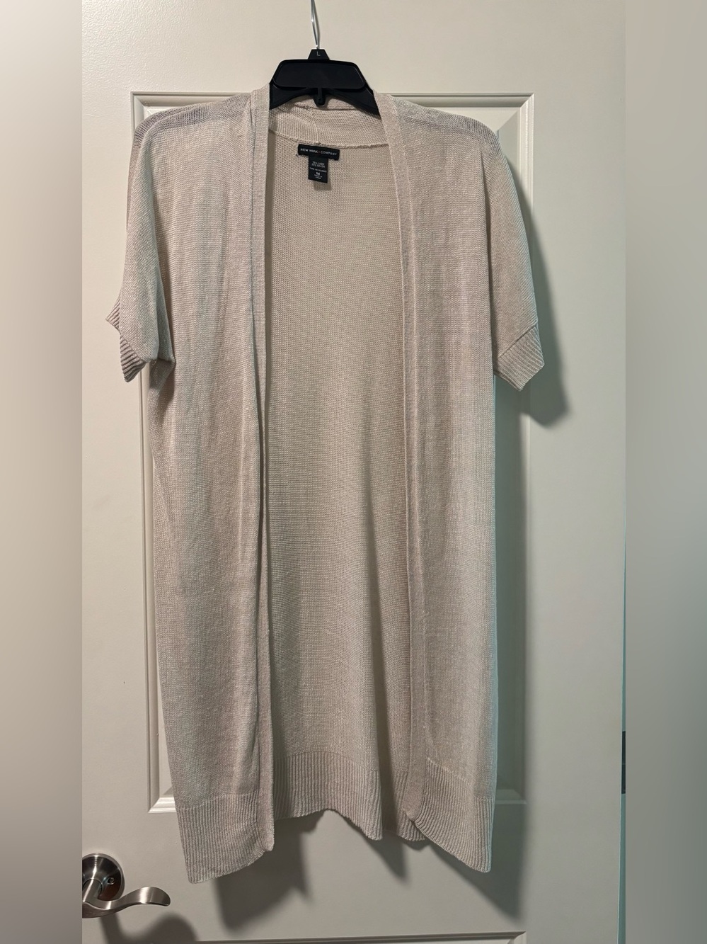 New York & Company Open-Front Short Sleeve long Cardigan — Beige